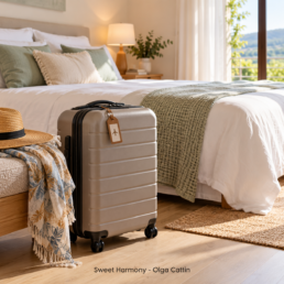 Valise de voyage devant un lit dans une chambre lumineuse, illustrant le retour de vacances et le besoin de repos.