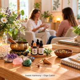 Pendule, pierres et flacons sur une table, avec deux femmes échangeant en arrière-plan.